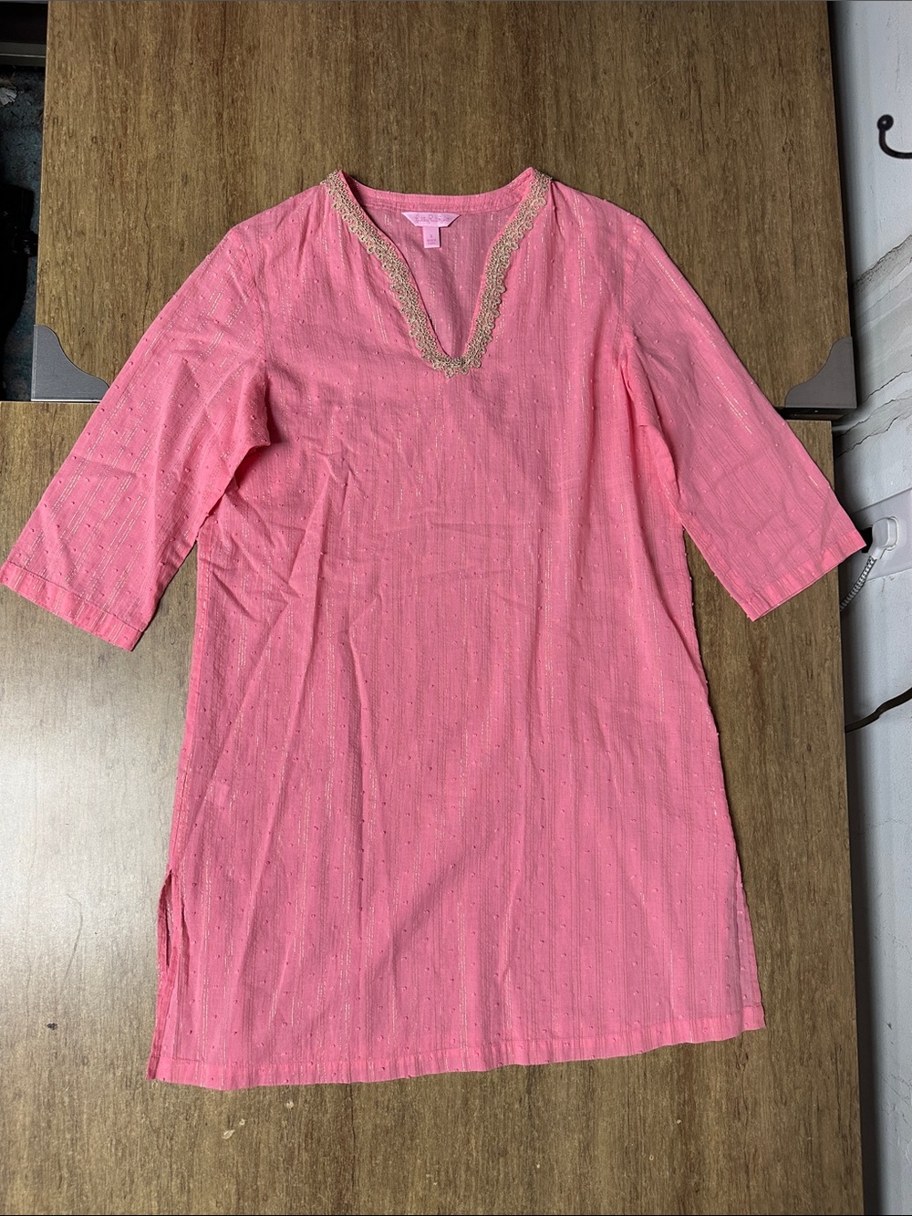 Lilly Pulitzer Esme Lurex Crinkle gold trim stripe cotton light pink tunic dress